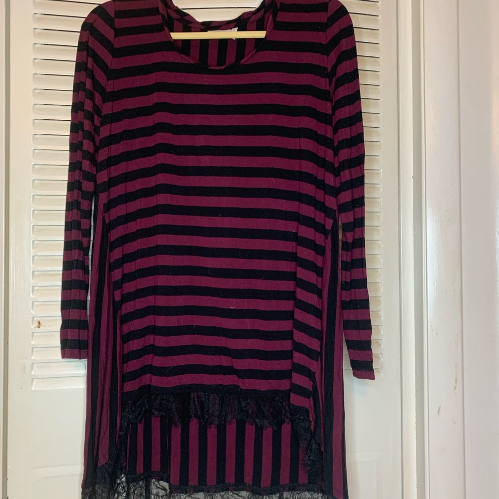 LOGO by Lori Goldstein Burgundy and Black Striped Top